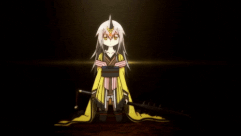 a girl in a yellow kimono is kneeling down with a sword