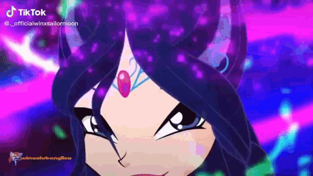 a close up of a cartoon character with purple hair and a purple background