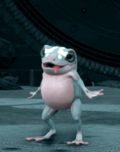 a frog with its tongue hanging out is dancing