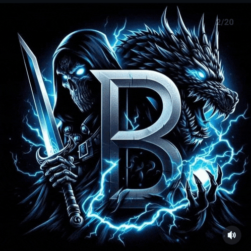 a drawing of a skeleton holding a sword and a dragon with the letter b in the middle