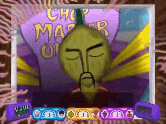 a cartoon drawing of a man with chop master written on the back