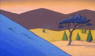 a cartoon landscape with mountains and trees and a tree in the foreground