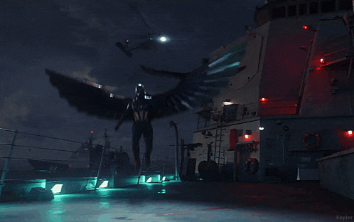 a helicopter is flying over a ship with the word kepler on the bottom right