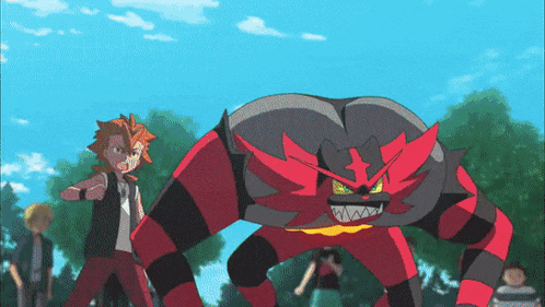 a cartoon of a man standing next to a giant red and black monster