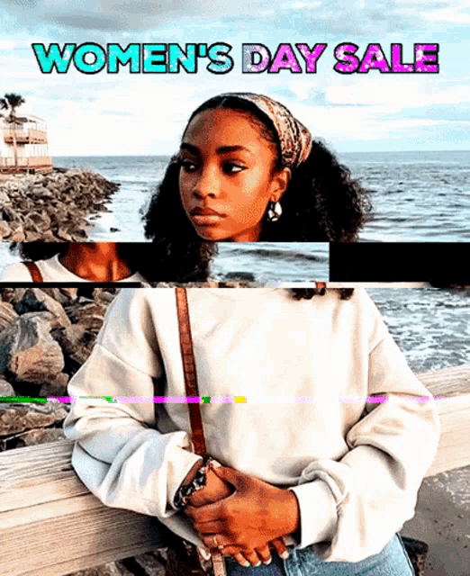 a woman is standing on a pier with the words women 's day sale behind her