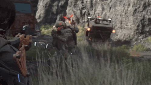 a video game scene with soldiers and a van