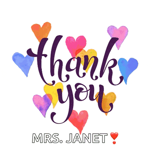 a thank you card for mrs. janet with colorful hearts