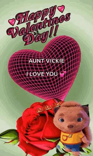 a happy valentines day greeting card with a teddy bear and a heart