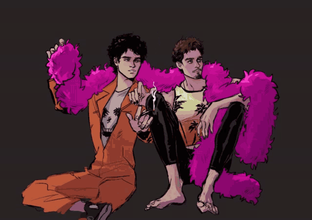 a drawing of two men wearing pink fur coats