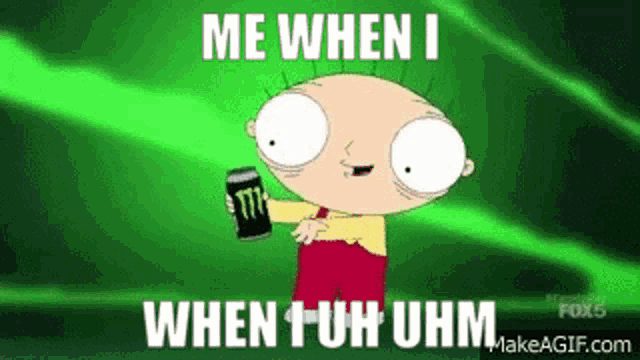 a cartoon character holding a can of monster energy drink