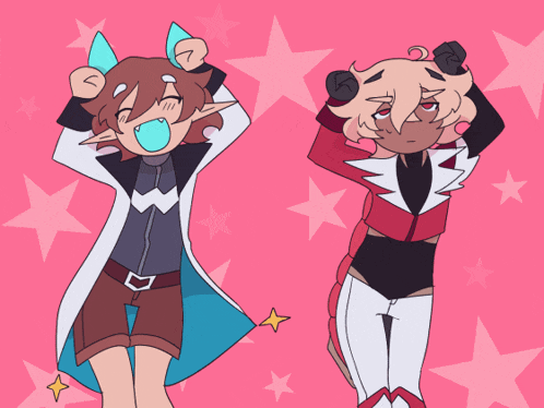a drawing of two cartoon characters standing next to each other on a pink background with stars