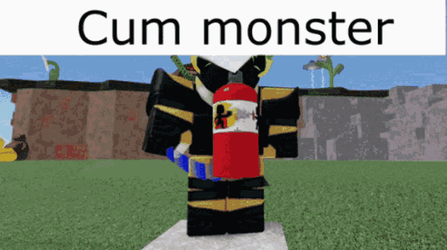 a cartoon character holding a red fire extinguisher and the words cum monster behind him