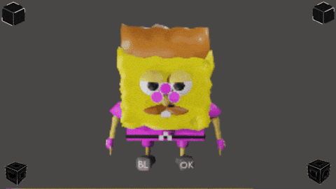 a close up of a spongebob face with pink bubbles on his eyes