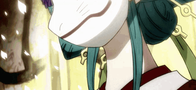 a close up of a cartoon character wearing a white mask