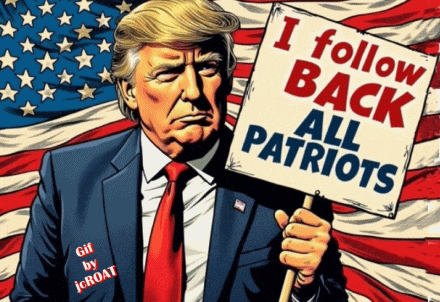 a cartoon of donald trump holding a sign that says i follow back all patriots