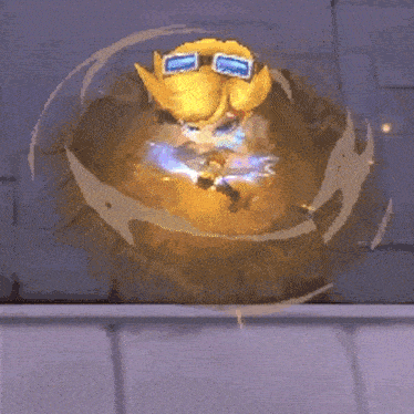 a cartoon character with a beard and goggles is flying through the air with a light coming out of its mouth .