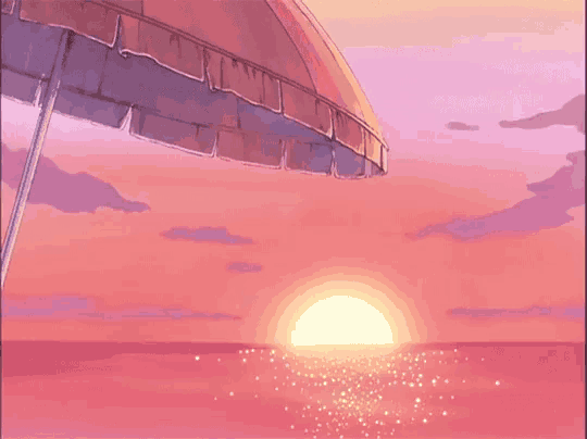 a beach scene with a pink umbrella in the foreground