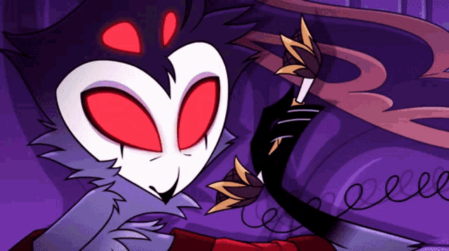 a cartoon character with red eyes is holding a feather