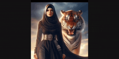 a woman in a hijab is standing next to a tiger with its mouth open
