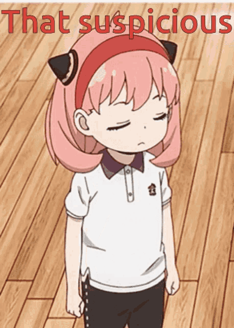 a little girl with pink hair is standing on a wooden floor and the words that suspicious are above her