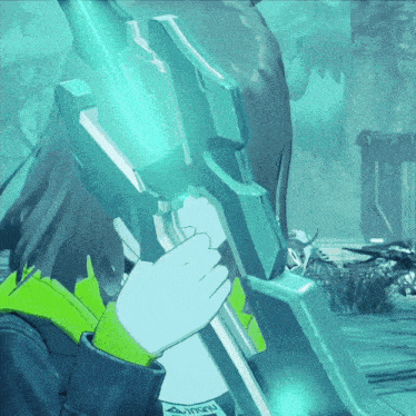 a person holding a sword with a sticker on it that says ' nintendo ' on it