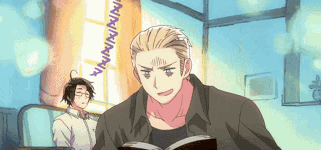 a man is reading a book in front of a window with a sign that says ninninnia