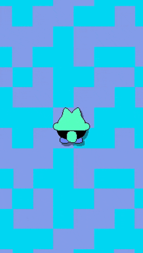 a pixel art drawing of a pink frog on a blue and purple checkered background