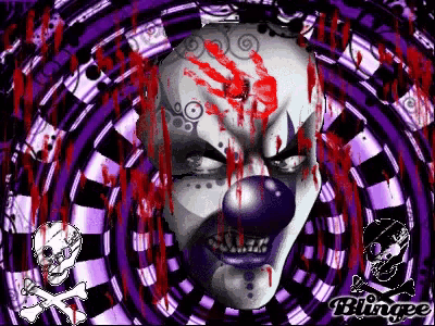 a picture of a clown with blood coming out of his face