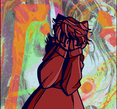 a colorful drawing of a person with a cat ear on their head