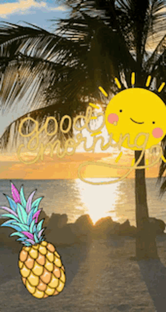 a pineapple and a sun are on a beach with the words good morning