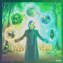 a pixel art of a man in a suit holding a sphere in front of a forest