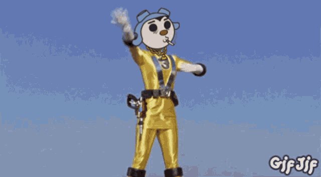 a cartoon character in a yellow costume with the number 3 on his chest