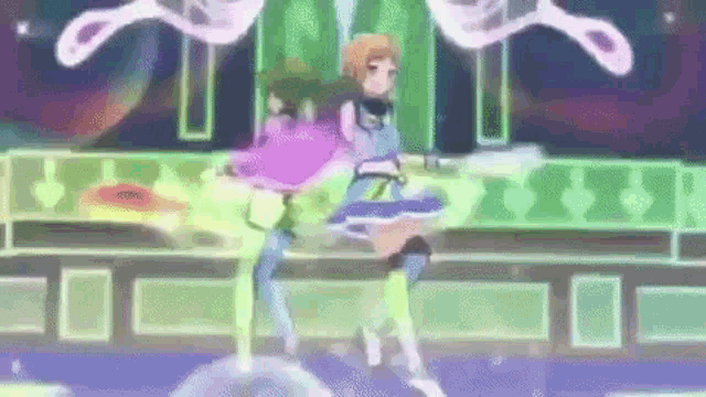 a cartoon girl is dancing on a stage in front of a green background .