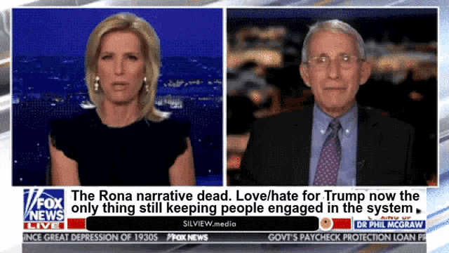a man and a woman are on fox news talking about the rona narrative