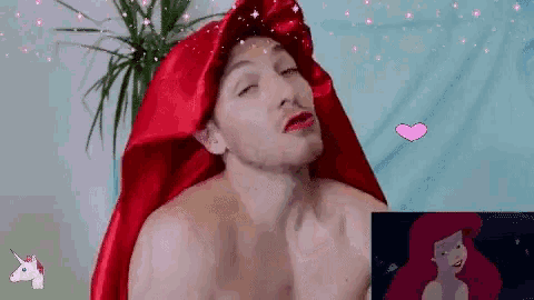 a shirtless man wearing a red hat and red lipstick is a mermaid from the little mermaid .