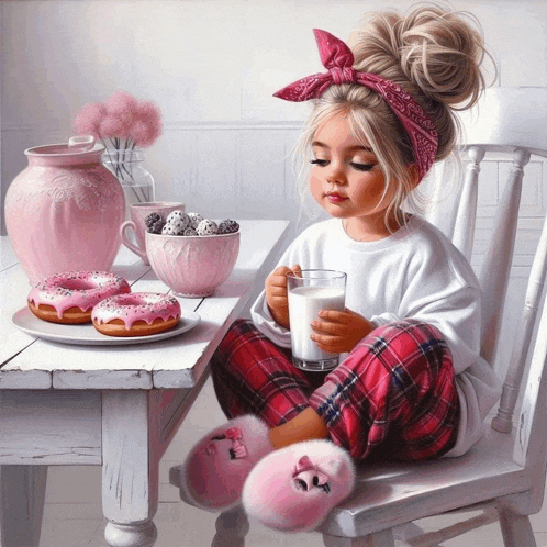a little girl is sitting at a table with a glass of milk and donuts