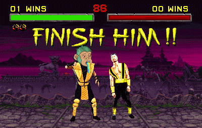 a video game with two fighters and the words finish him on the screen