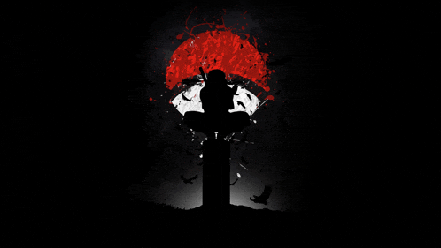 a silhouette of a man with a sword in front of a red and white symbol