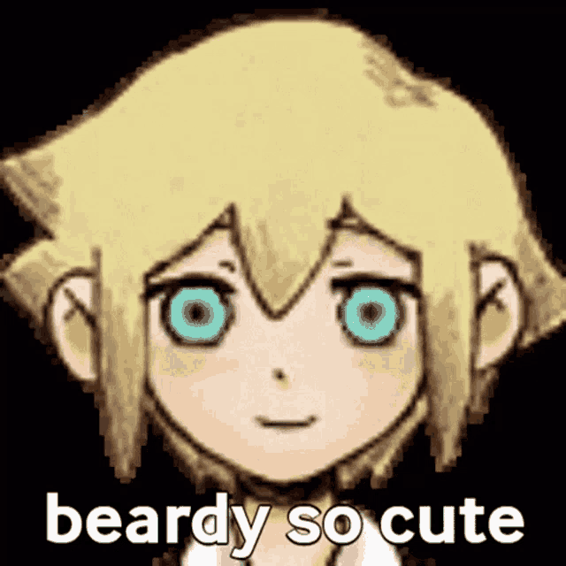 a cartoon character with blonde hair and blue eyes is smiling and says `` beary so cute '' .