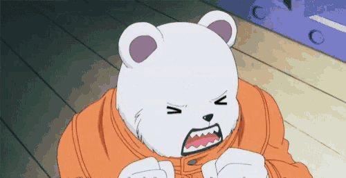 a white teddy bear is wearing an orange jacket and making a face .