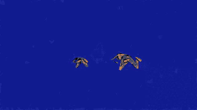 a yellow and blue square with a drawing of two people on it
