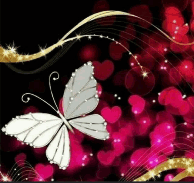 a white butterfly is sitting on a pink background with hearts