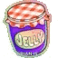 a purple jar of jelly with a red and white checkered lid .