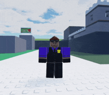 a cartoon character in a purple vest with a yellow badge on his chest