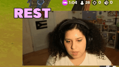 a woman wearing headphones playing a video game with the word rest above her