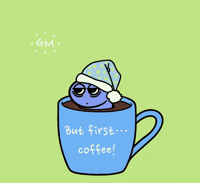 a cartoon of a purple worm in a cup that says but first coffee