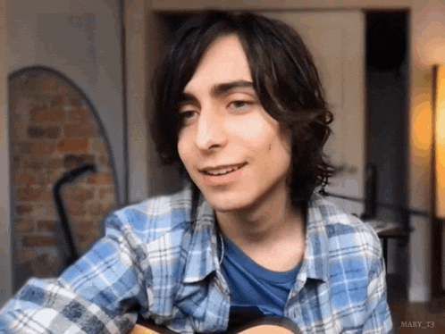 a young man in a blue plaid shirt is playing an acoustic guitar .