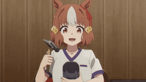 a girl with a horse head holds a hammer in her hand