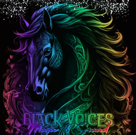 a black horse with a rainbow mane and the words black voices below it