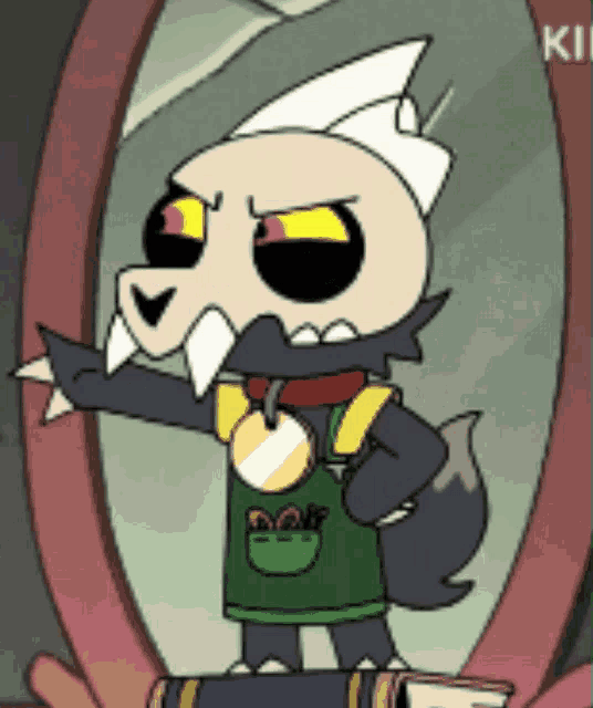 a cartoon character is standing in front of a mirror wearing a green apron